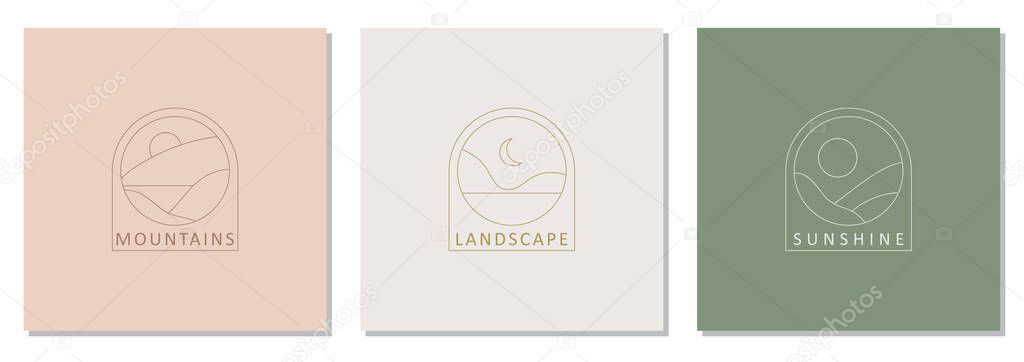 Set of trendy minimalist landscape abstract bohemian design icons