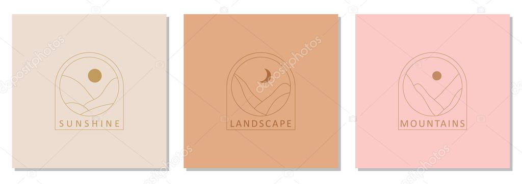 Set of trendy landscape abstract bohemian design icons ideal as minimalist linear logo