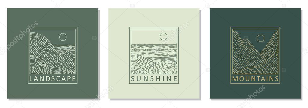 Set of trendy landscape abstract bohemian design icons ideal as minimalist linear logo