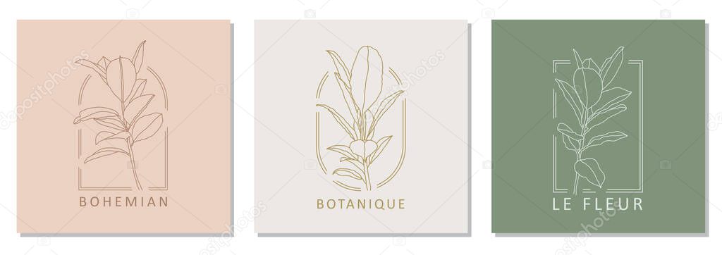 Set of trendy botanical abstract bohemian design icons ideal as minimalist linear logo
