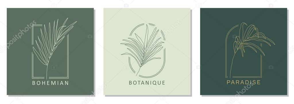 Set of trendy botanical abstract bohemian design icons ideal as minimalist linear logo