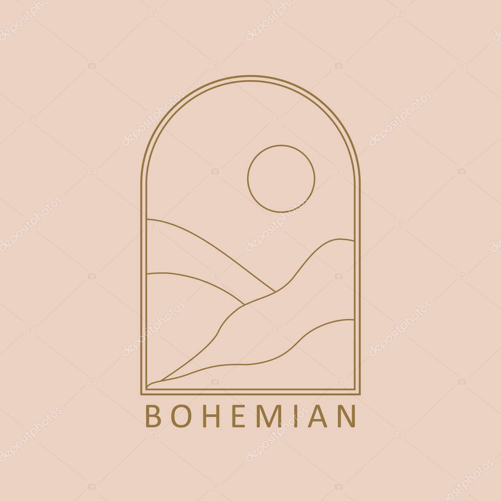 Trendy landscape abstract bohemian design icon ideal as minimalist linear logo