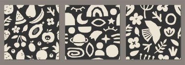 Organik şekillerin soyut kolajı, minimal düz stil vektör çizimi, ambalaj kağıdı, duvar kağıdı, kumaş, arkaplan vs. için ideal sevimli modaya uygun desenler dizisi.