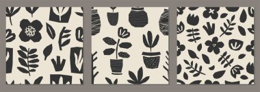 Organik şekillerin soyut kolajı, minimal düz stil vektör çizimi, ambalaj kağıdı, duvar kağıdı, kumaş, arkaplan vs. için ideal sevimli modaya uygun desenler dizisi.