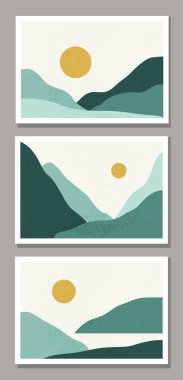 Minimalist manzara seti soyut modern kolaj, dağlarda günbatımı duvar posteri tasarımı