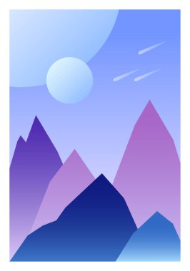 Uzaylı gezegen sürrealist manzara posteri, gezegen yüzeyi kayalar ve uydular çevresi, soyut arka plan