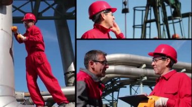 Petrol mühendisi ve işçiler bir petrol sahasında, montaj bölünmüş ekran HD1080p