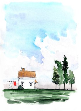 Birkaç ağaç, küçük eski bir ev ve bulutlu gökyüzü olan kırsal bir arazinin suluboya çizimi