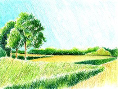  Kaba bir kağıtta parlak yeşil ağaçlar olan sarı bir tarlanın suluboya çizimi