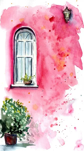 Akvarel Ilustrace Bílého Dřevěného Okna Jasně Fialové Stěně Lucernou Nahoře — Stock fotografie