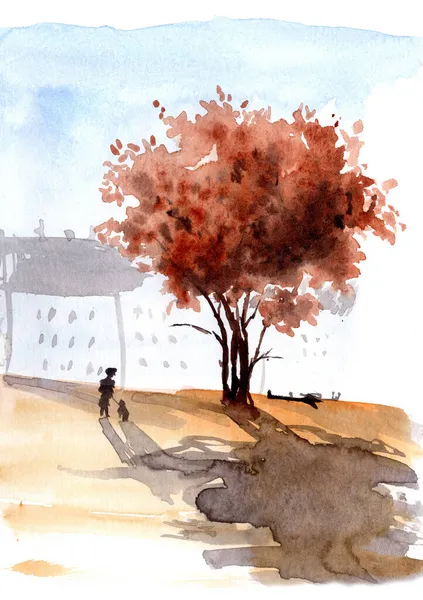Barevné Akvné Ilustrace Oranžové Podzimní Strom Městská Krajina Pozadí — Stock fotografie
