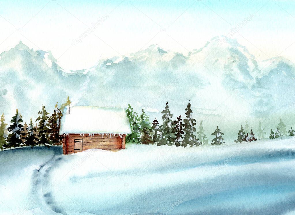 Watercolor illustration of wooden hut covered with snow near the fir trees forest and the mountains onthe background in winter