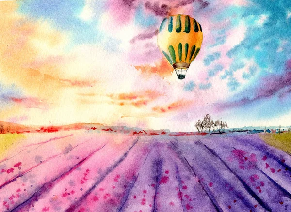 Watercolo Απεικόνιση Ενός Ηλιοβασιλέματος Στο Πεδίο Avender Ένα Αερόστατο Θερμού — Φωτογραφία Αρχείου
