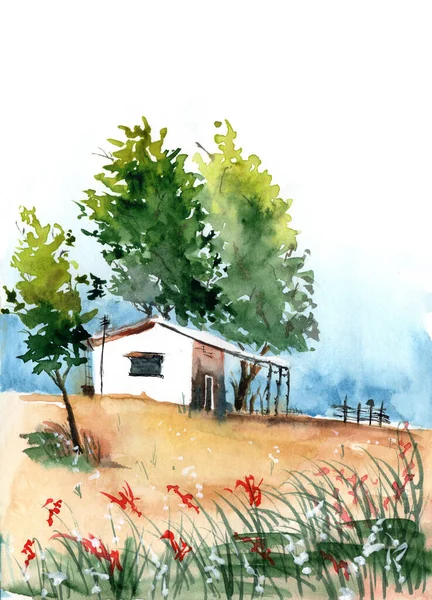 Färgglada Akvarell Illustration Ett Gammalt Vitt Hus Trädskuggan Ans Det — Stockfoto