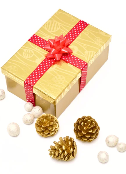 Gift box with ribbon and decoration — Stock Photo, Image