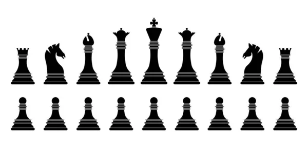 Černá Silueta Šachové Figurky Nastavit Izolované Bílém Pozadí Šachové Ikony — Stockový vektor