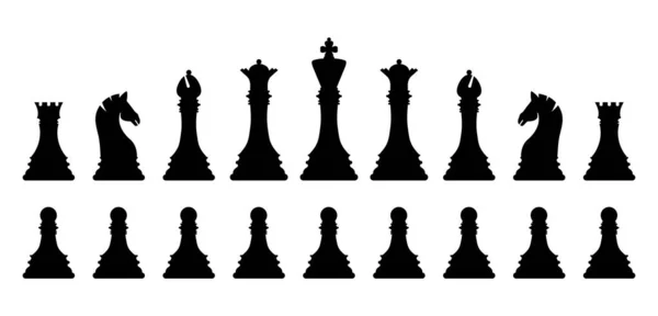 Black silhouette chess pieces set isolated on white background. Chess icons. King, queen, rook, knight, bishop, pawn. Vector illustration for design