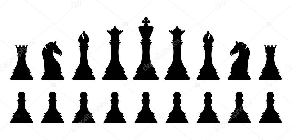 Black silhouette chess pieces set isolated on white background. Chess icons. King, queen, rook, knight, bishop, pawn. Vector illustration for design