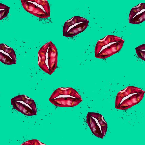 Seamless pattern watercolour Red lips on green background. Valentines day background