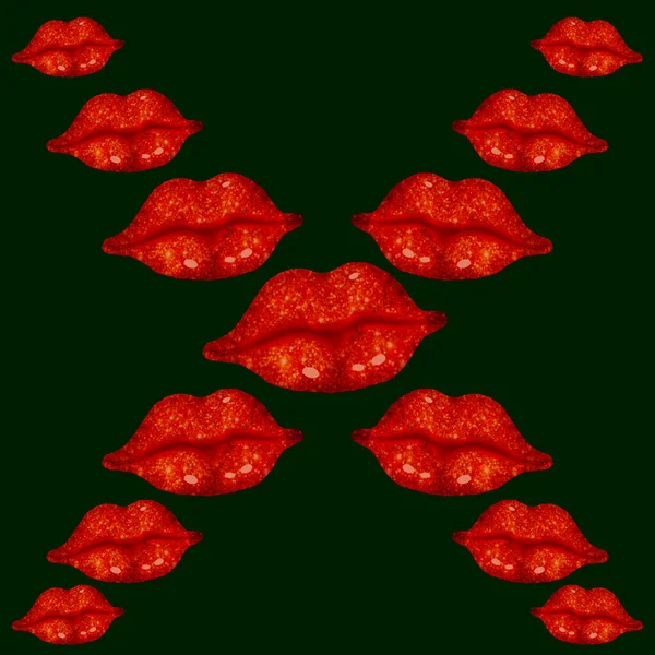 Red Lips Print Black Background Seamless Pattern Romantic Background — Stock Photo, Image