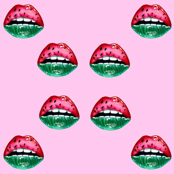 Watermelon Juicy Lips Mouth Print Pink Background Valentines Day Seamless — Stock Photo, Image