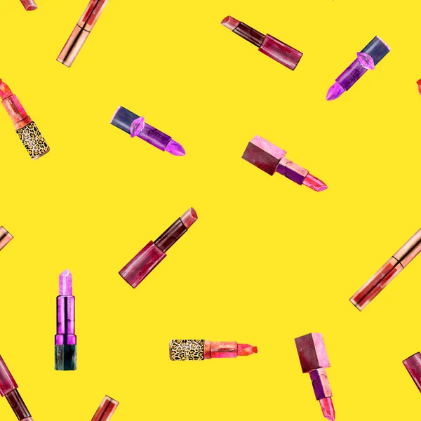 Seamless Pattern Lipstick Summer Yellow Background Cosmetics Girly Fashion Makeup — Stock Photo, Image