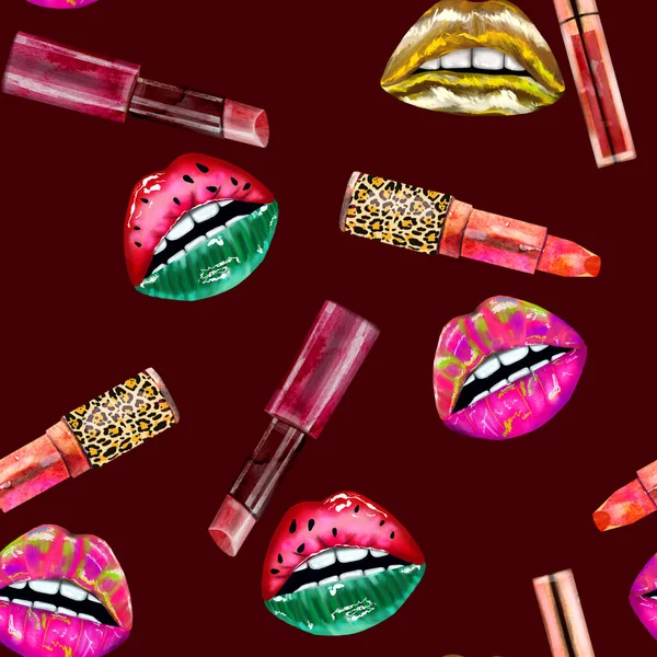 Seamless Pattern Lipstick Juicy Bright Lips Dark Background Cosmetics Girly — Stock Photo, Image