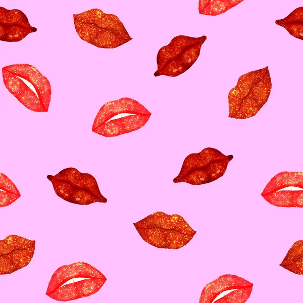 Lábios Rosa Vermelho Glitter Padrão Sem Costura Fundo Rosa Dia — Fotografia de Stock