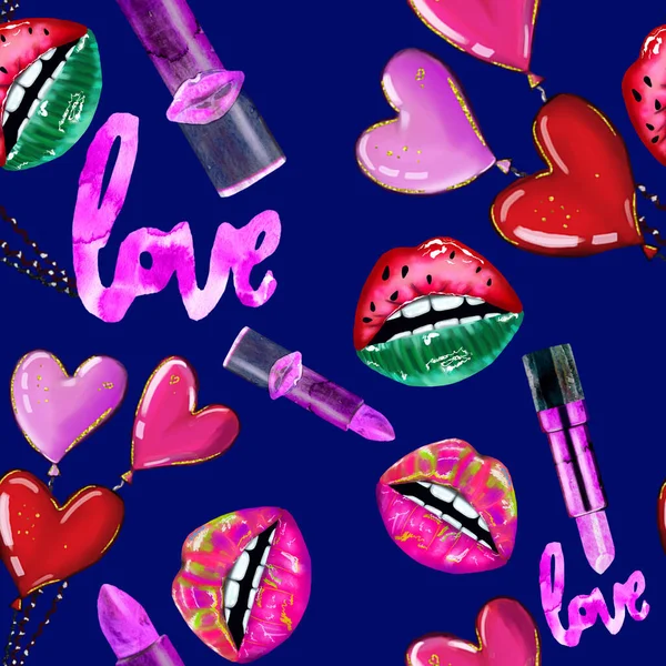 Seamless Pattern Lipstick Romantic Symbols Blue Background Cosmetics Girly Fashion — Stock Photo, Image