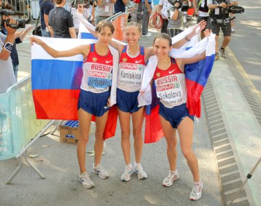 Kirdyapkina, Kaniskina and Sokolova of Russia winners on Women 20km Walk clipart