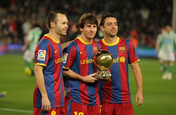 Iniesta, messi i xavi Barcelony — Zdjęcie stockowe