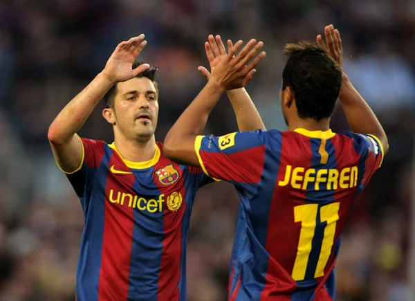 Villa and Jeffren of Barcelona celebrating goal — Stock Photo, Image