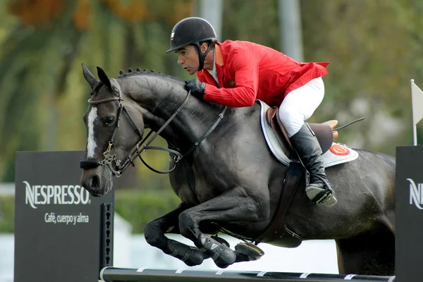 Jesus Garmendia of Spain in action rides horse Perle Condeenne — Stok fotoğraf