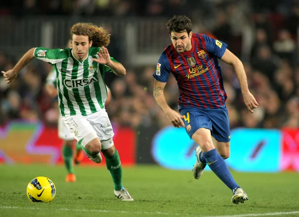 Jose Cañas(L) of Real Betis vies with Cesc Fabregas(R) of FC Barcelona