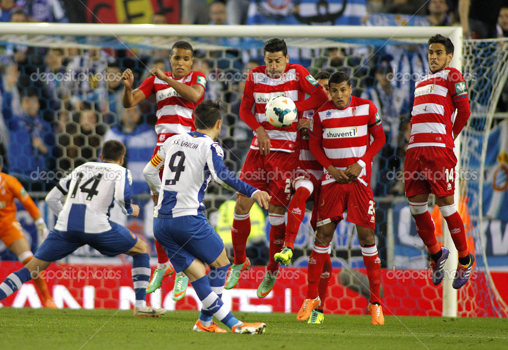 UD Almeria players on the wall of the free kick Stock Editorial Photo