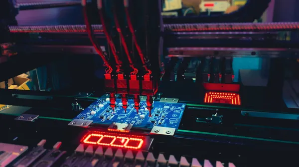 Виробництво сучасних комп'ютерних чипів на машині SMT — стокове фото