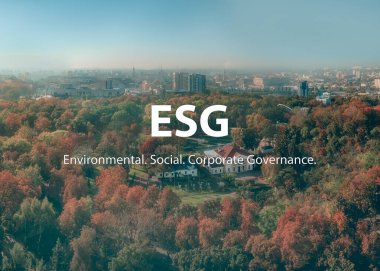 ESG Sürdürülebilir Çevre Koruma Konsepti. Sonbahar parkındaki ağaçlar şehir manzarasına karşı.