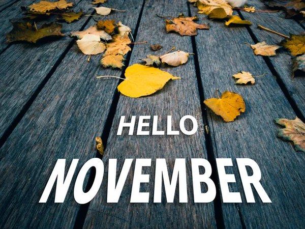 Надпись Hello November на темных деревянных досках с желтыми листьями. — стоковое фото