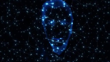 Dış uzayda yapay zekaya sahip erkek insan yüzünün hologramı