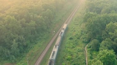 Yolcu treni ağaçlar arasında geziniyor - hava aracı izleme görüntüsü.