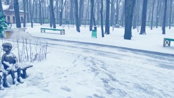 Snow removal equipment cleans pedestrian paths from snow in a winter park: Kharkiv, Ukraine — Stock Video