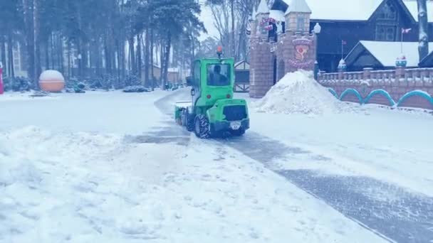 Pług śnieżny Ciągnik pracuje nad usuwaniem śniegu w parku podczas opadów śniegu w Boże Narodzenie — Wideo stockowe