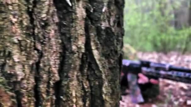 Francotirador Esconde Suelo Detrás Árbol Bosque Rifleman Francotirador Ropa Camuflaje — Vídeos de Stock