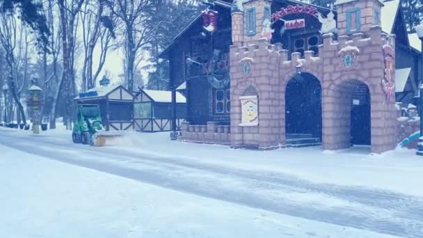 Sněžný Pluh Traktor Pracuje Odstranění Sněhu Parku Během Sněžení Štědrý — Stock video