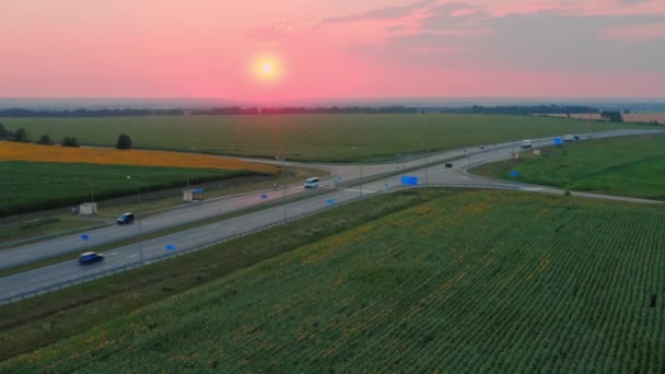 Travel Car Summer Sunset Traffic Country Road Green Yellow Fields — Vídeos de Stock