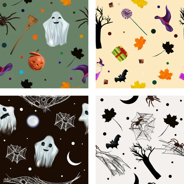 Vier Halloween naadloze patronen. Pompoen, spin, spinnenweb, Ghost, vleermuis en andere elementen. Eindeloze textuur voor uw ontwerp. Vectorillustratie — Stockvector