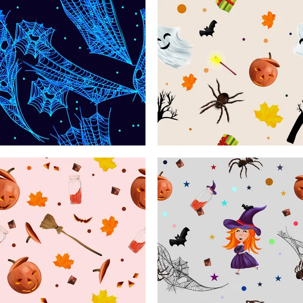 Vier Halloween naadloze patronen. Pompoen, spin, spinnenweb, Ghost, vleermuis, heks en andere elementen. Eindeloze textuur voor uw ontwerp. Vectorillustratie — Stockvector