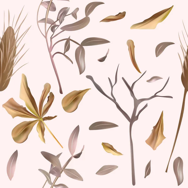 Boho Motifs sans couture avec des feuilles de décoration, pampa doux, herbes sèches, branche d'arbre. Texture infinie pour votre design. Illustration vectorielle. — Image vectorielle