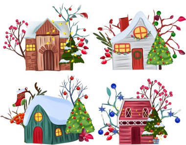 İçinde Noel Evleri, ağaç, kırmızı böğürtlen, ağaç dalları ve kış yaprağı olan hoş bir tebrik kartı. Şirin Noel Evleri. Noel kış çizimi. Vektör illüstrasyonu.