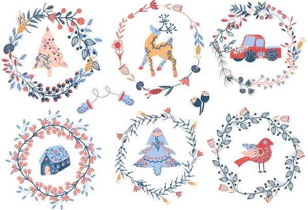 Útulné vánoční věnec květin a listí. Lidový pták, náklaďák, domy, vánoční stromek. Vánoční přání ve skandinávském stylu. Zimní dekorace. Vektorová ilustrace — Stockový vektor